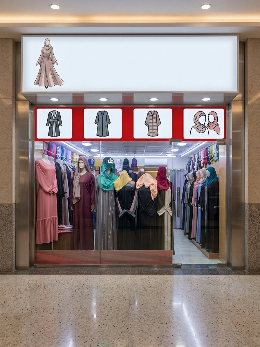 Compact abaya shop with an open mall frontage